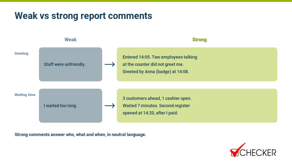 Mystery shopping report comment examples