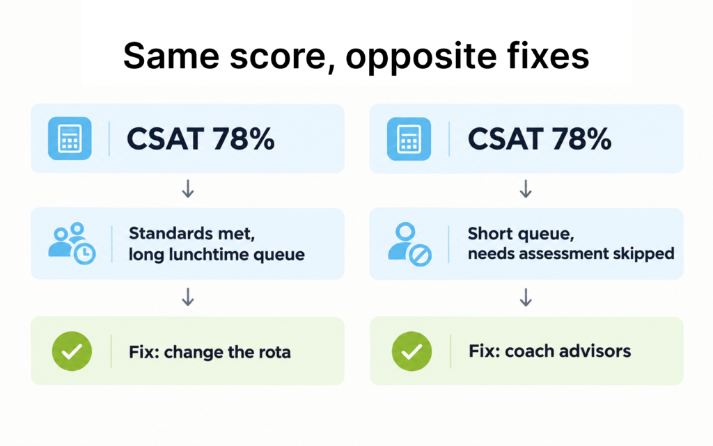 Two bank branches both at 78% CSAT, where mystery shopping reveals a queue problem in one and a coaching gap in the other