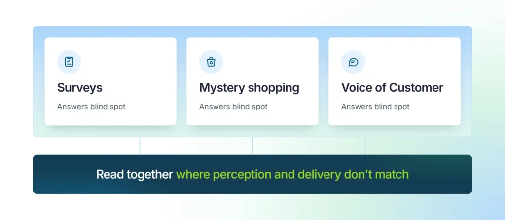 Comparison of surveys, mystery shopping and Voice of Customer, showing what each answers and its blind spot